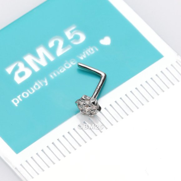 14 Karat White Gold Glistening Multi-Gem Flower Sparkle L-Shaped Nose Ring - Picture 1 of 5